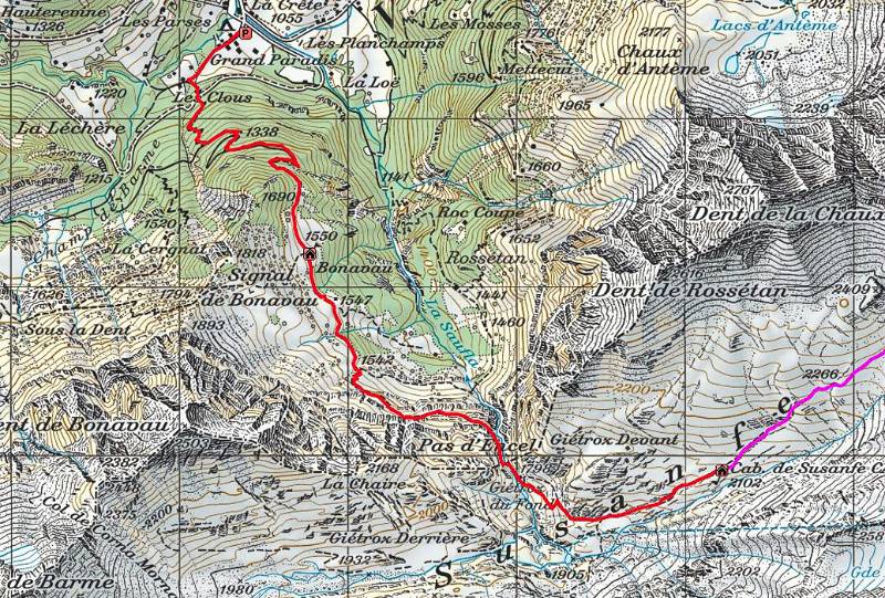 Route auf der Karte: Schwierigkeit - T3; Aufstieg - 1150Hm; Streckte