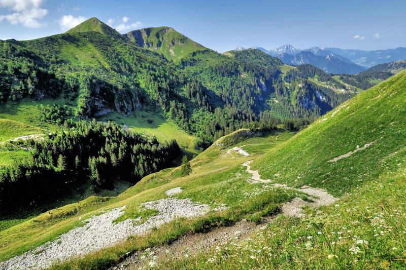 Blick zurück entlang des Wanderwegs auf Chalets d'Oche