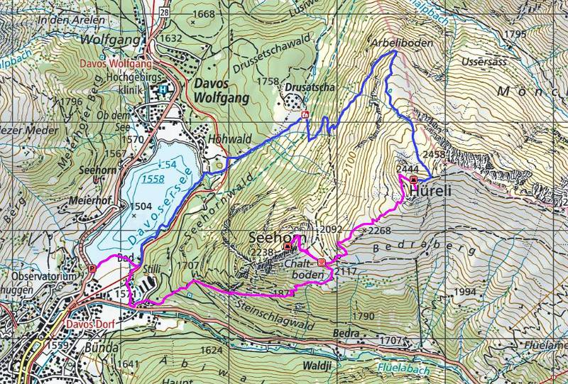 Die Route auf der Karte. Magenta - Aufstieg; Blau - Abstieg