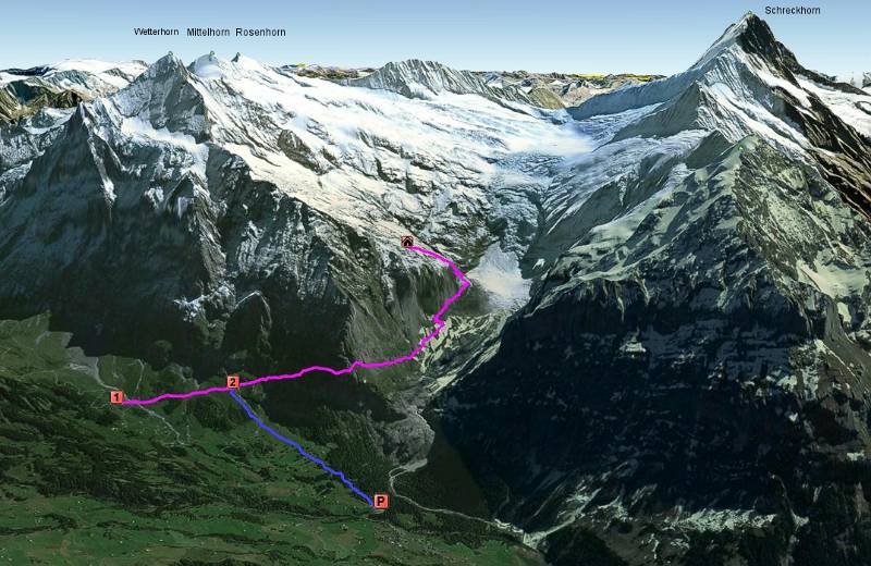 1=Bushaltestelle "Abzweigung Gleckstein" auf der Strasse zur Gr. Scheidegg; 2=Abzweigung direkt