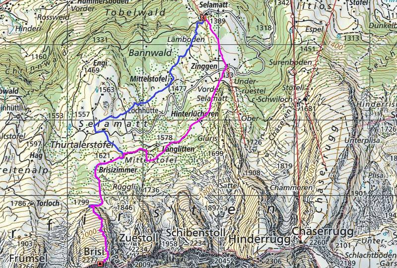 Die Wanderroute: Magenta - Aufstieg; Blau - Abstieg