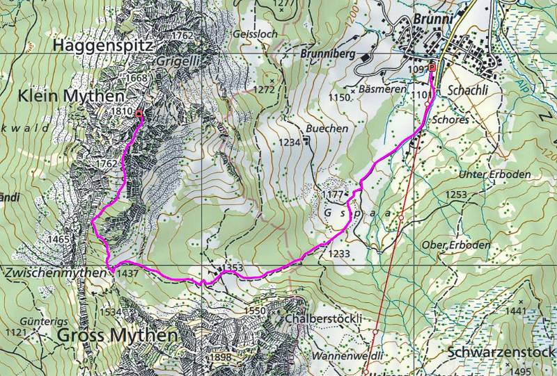 Die Route: Brunni - Zwischenmythen - Vorgipfel - Kleiner Mythen. Die