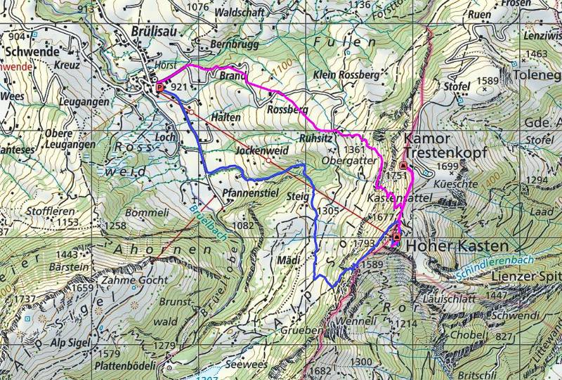 Die Route: Brülisau - Ruhsitz - Kastensattel - Kamor - Hoher