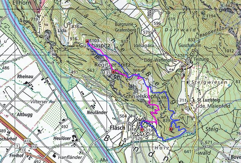 Route auf der Karte: pink - Aufstieg; blau - Abstieg