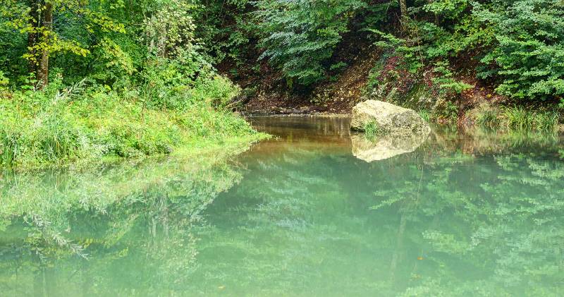 Grüne Spiegelungen im See in der Tüfelsschlucht