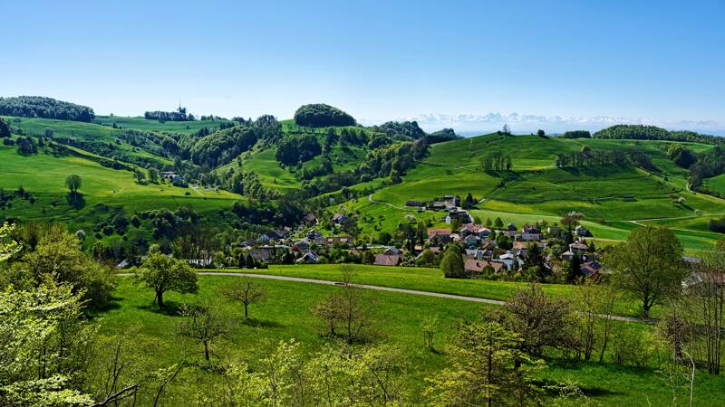 Wisen in Solothurn und weit am Horizont – die Alpen.